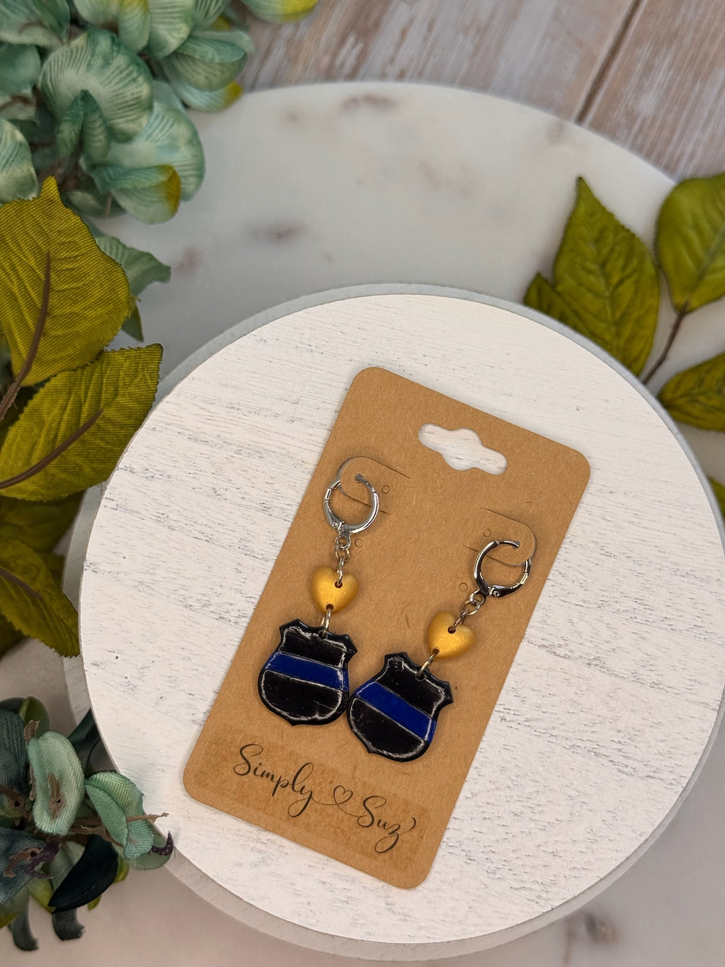 Blue Line Shield Heart Dangles