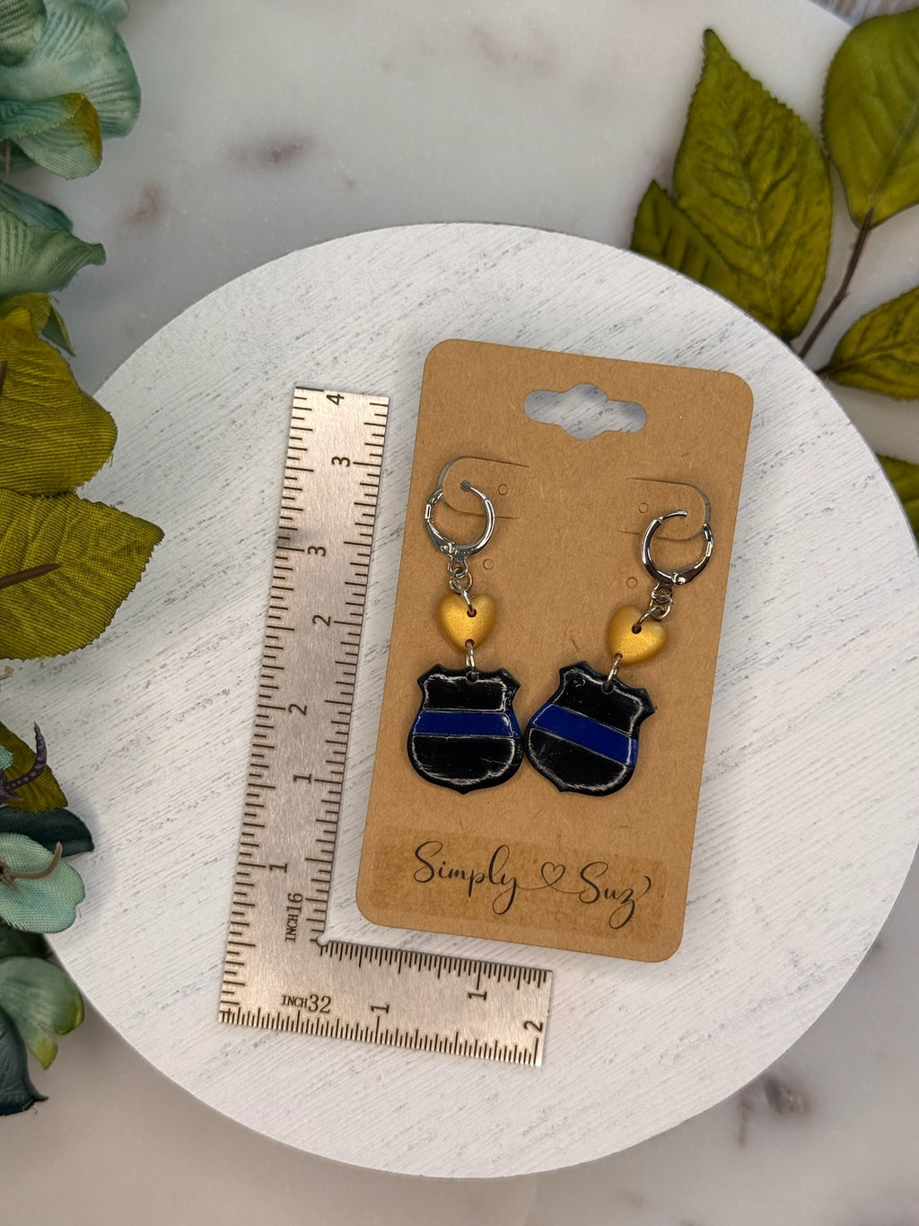 Blue Line Shield Heart Dangles