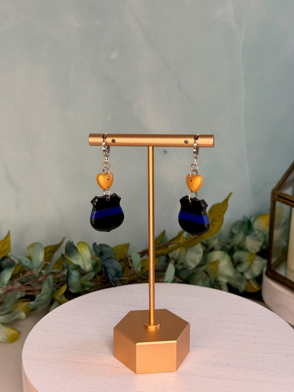 Blue Line Shield Heart Dangles