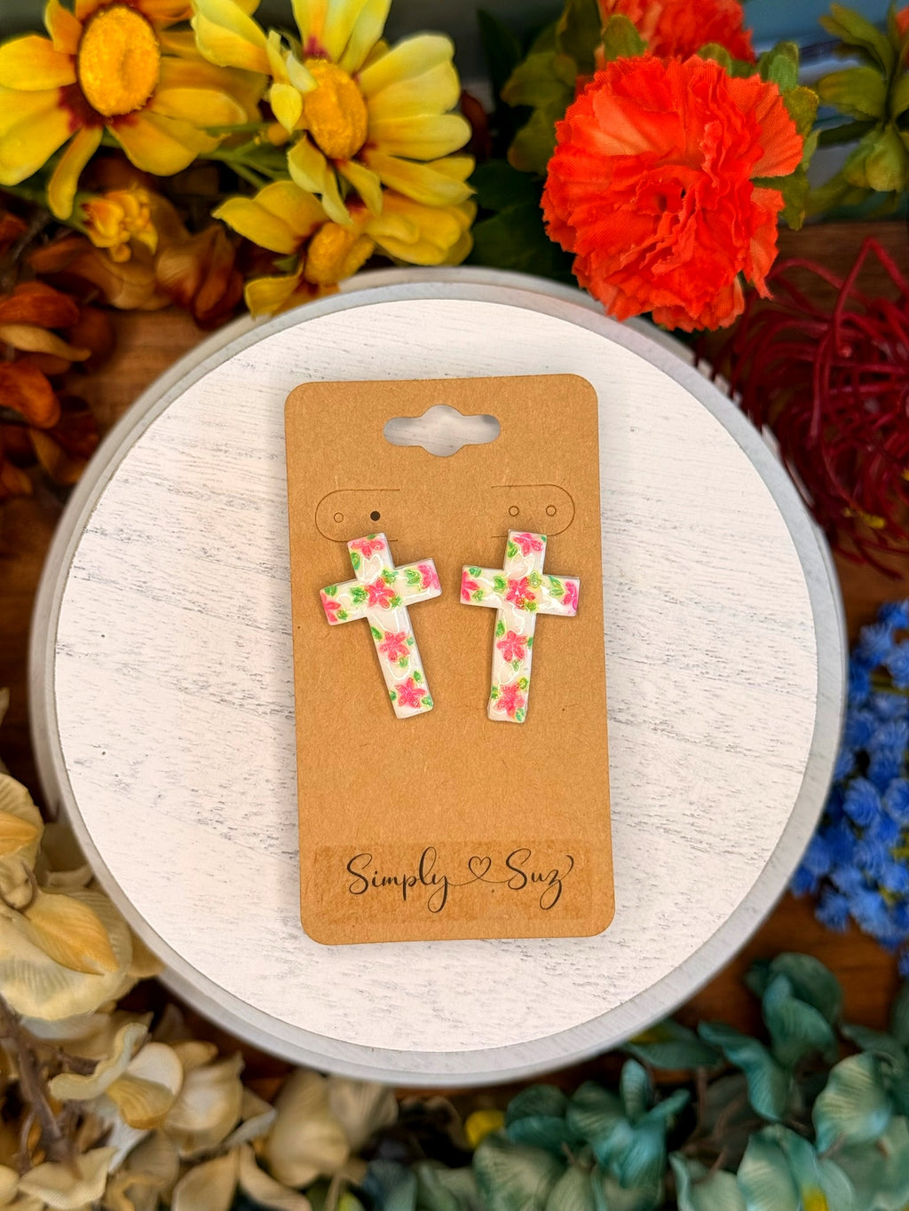 Garden Cross Studs — Pink