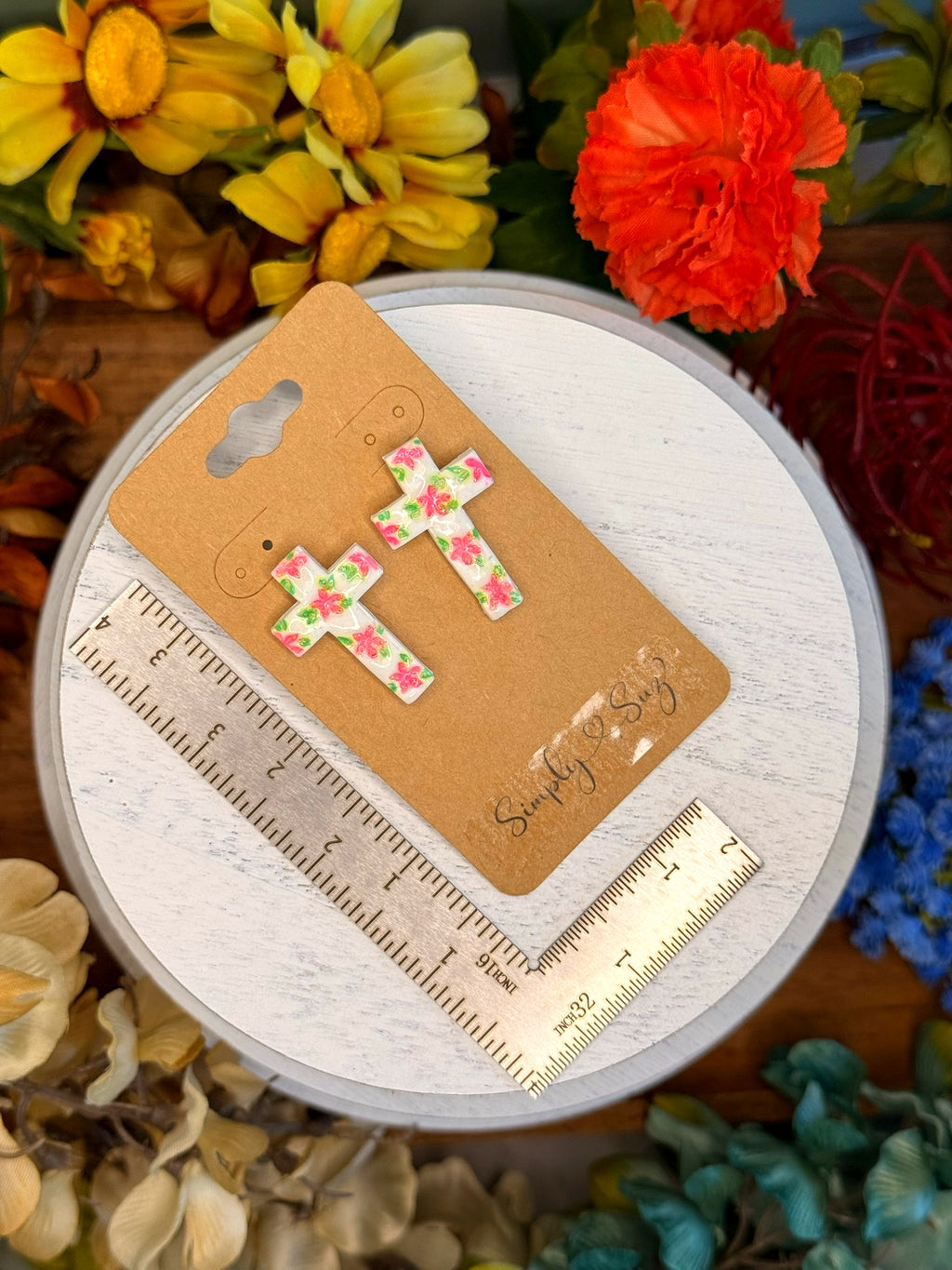 Garden Cross Studs — Pink