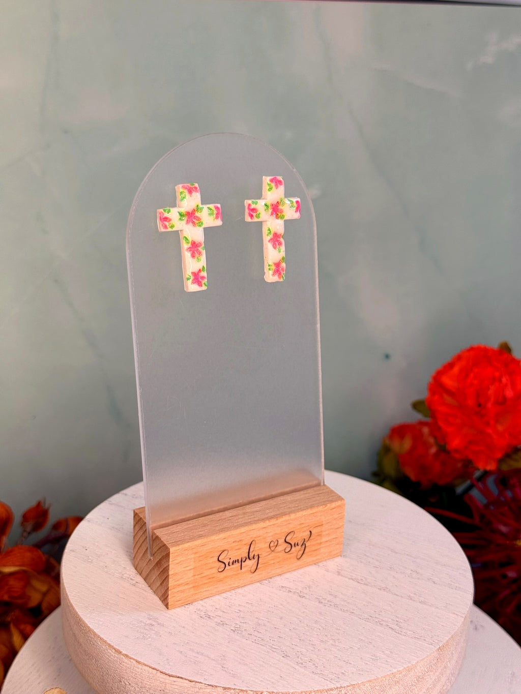 Garden Cross Studs — Pink