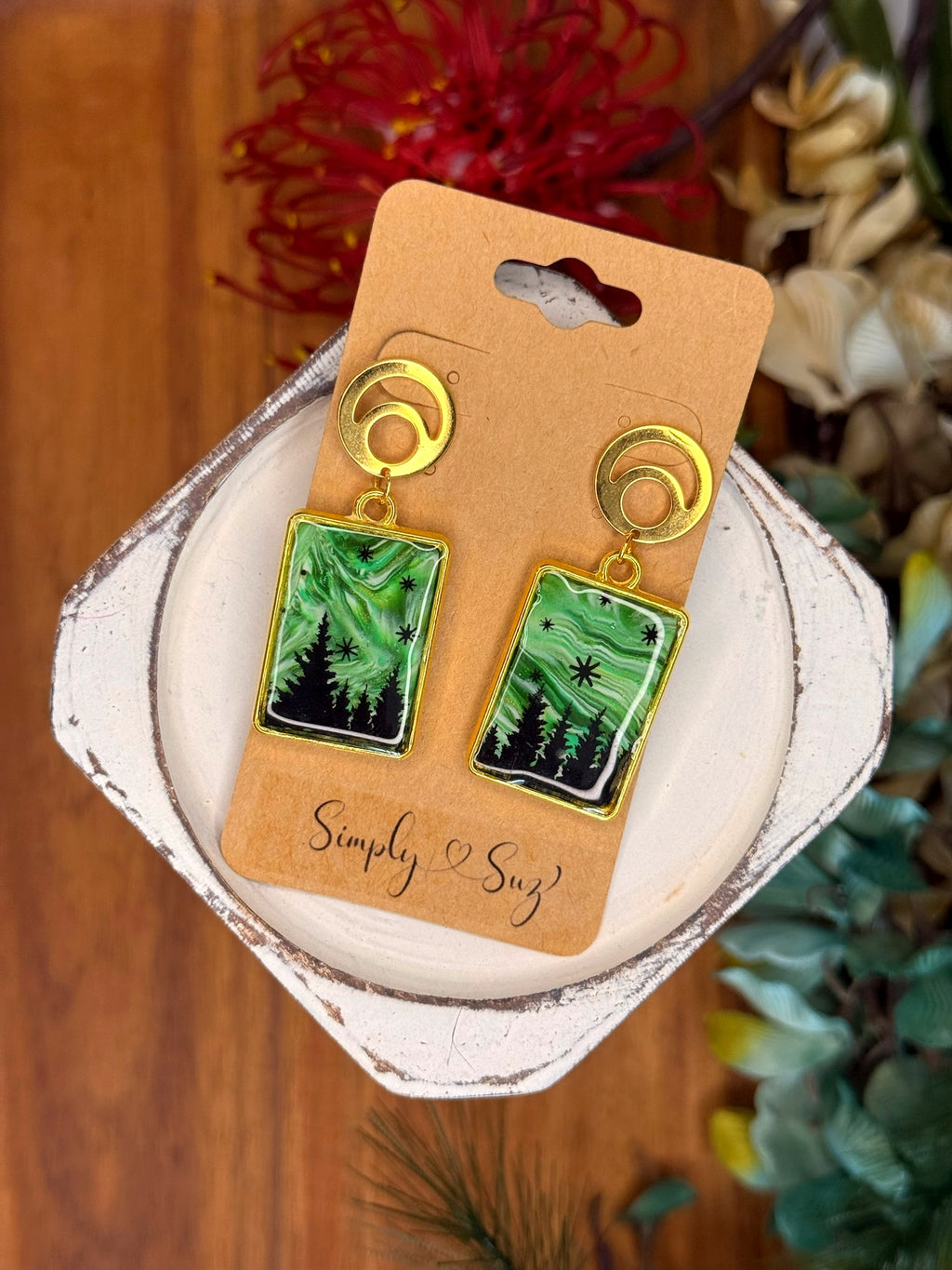 Starlit Pines Dangles — Gold Moon