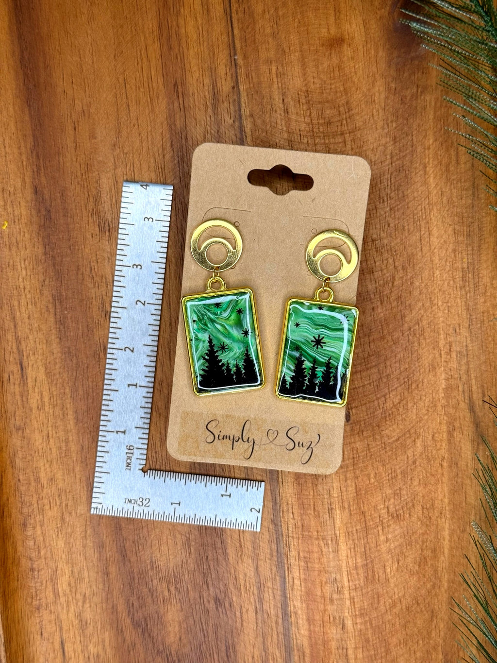 Starlit Pines Dangles — Gold Moon