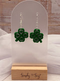 Green Shamrock Dangle Earrings with Silver Heart Detail