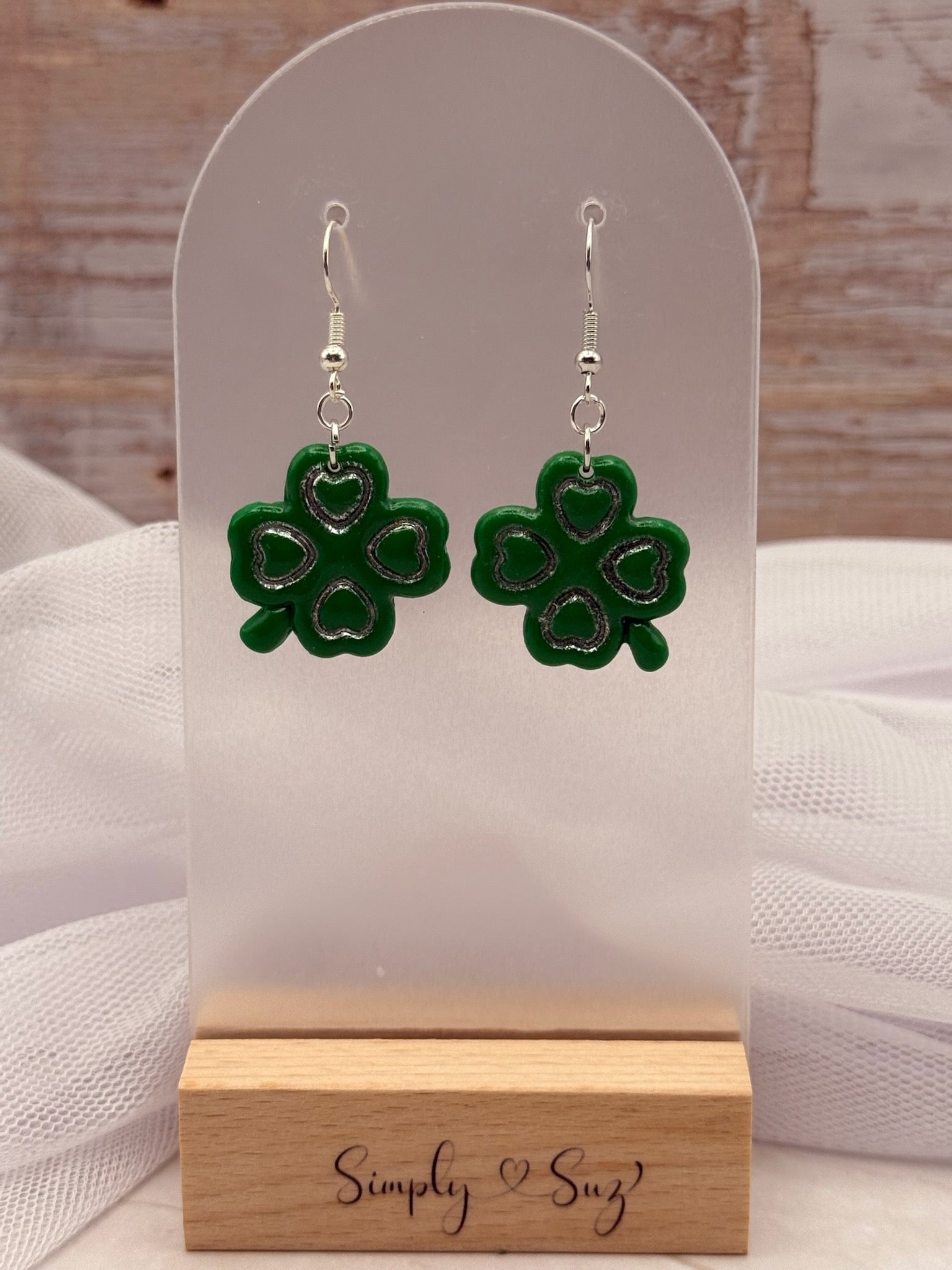 Green Shamrock Dangle Earrings with Silver Heart Detail