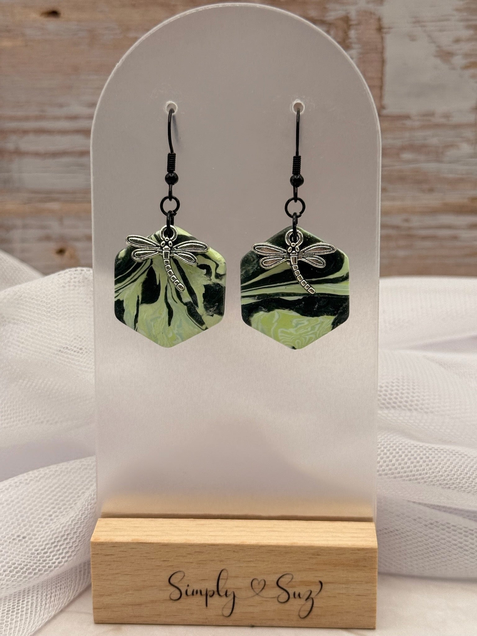 Green Marble Hexagon Dangles with Dragonfly Charm