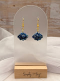 Blue & White Marble Fan Dangle Earrings - Gold Hooks