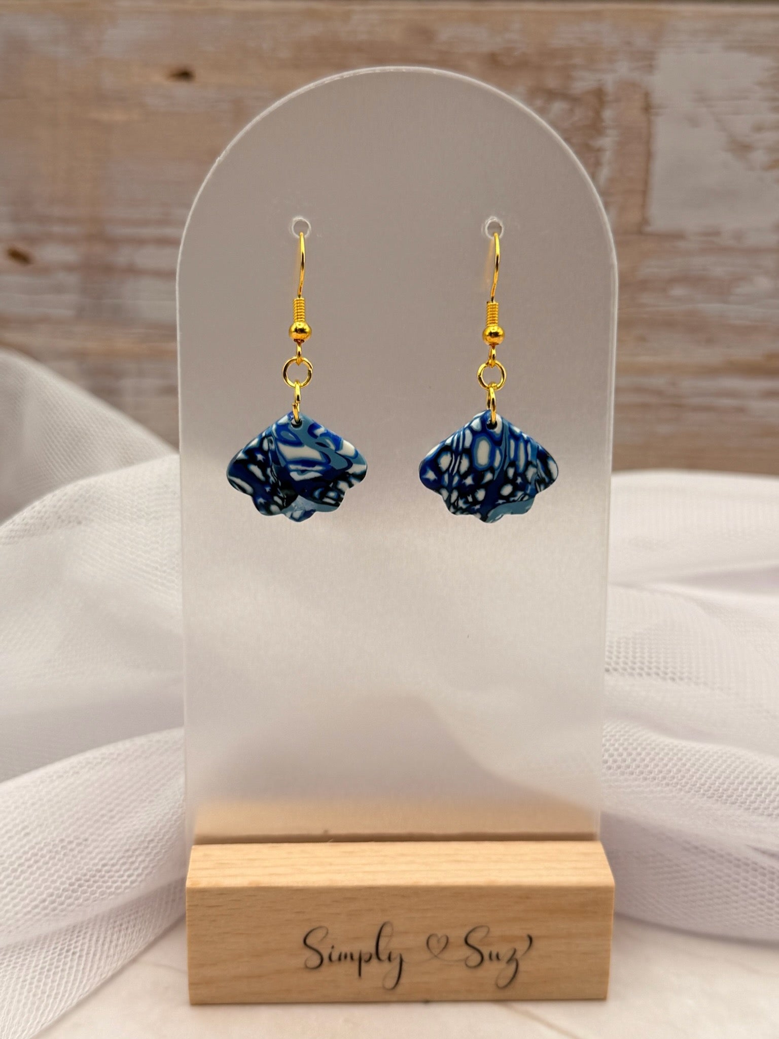 Blue & White Marble Fan Dangle Earrings - Gold Hooks