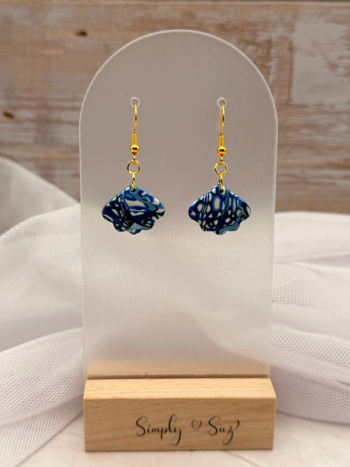 Blue & White Marble Fan Dangle Earrings - Gold Hooks