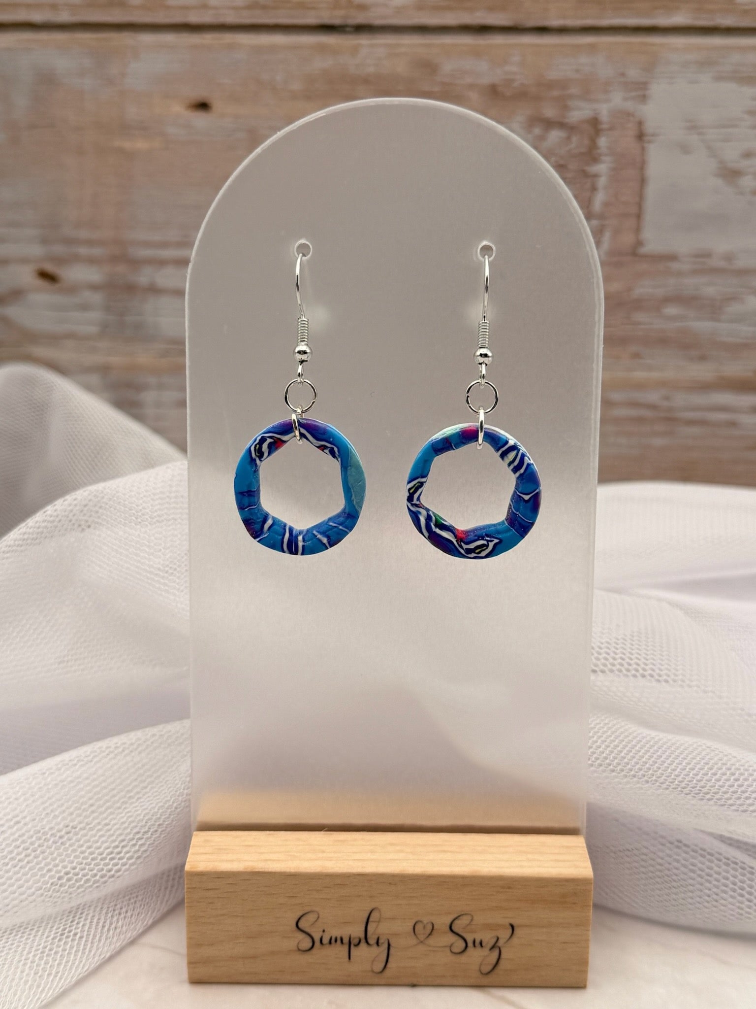 Blue Marble Open Circle Dangle Earrings