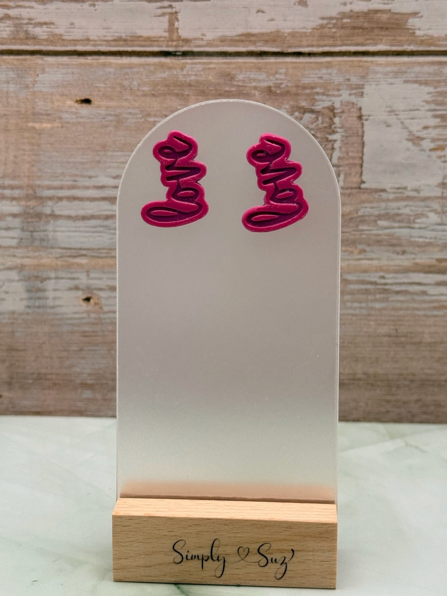Pink Cursive Love Script Stud Earrings