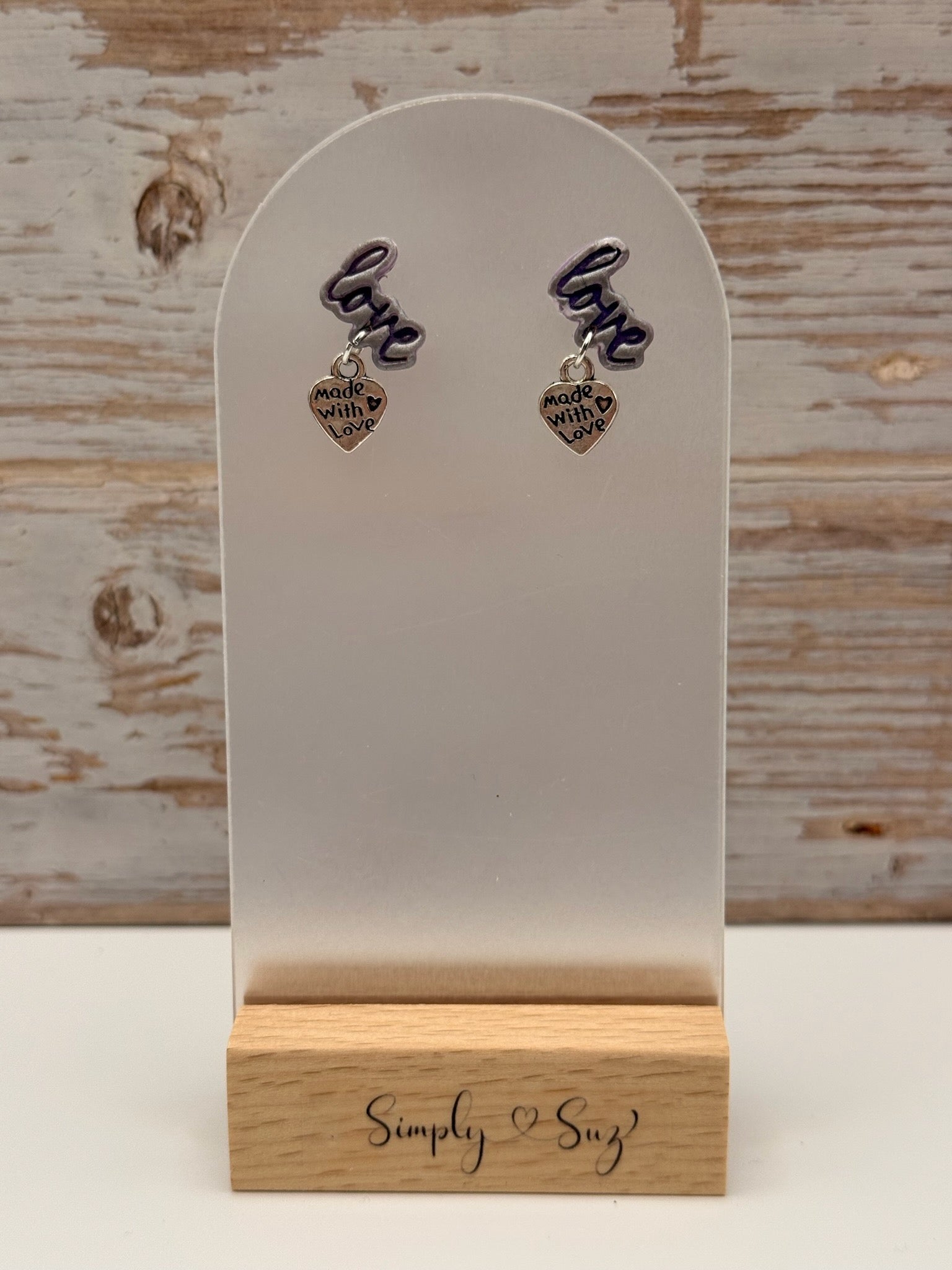 Purple Love Script Studs with Made With Love Heart Charm