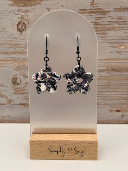 Black & Pink Marble Flower Dangle Earrings