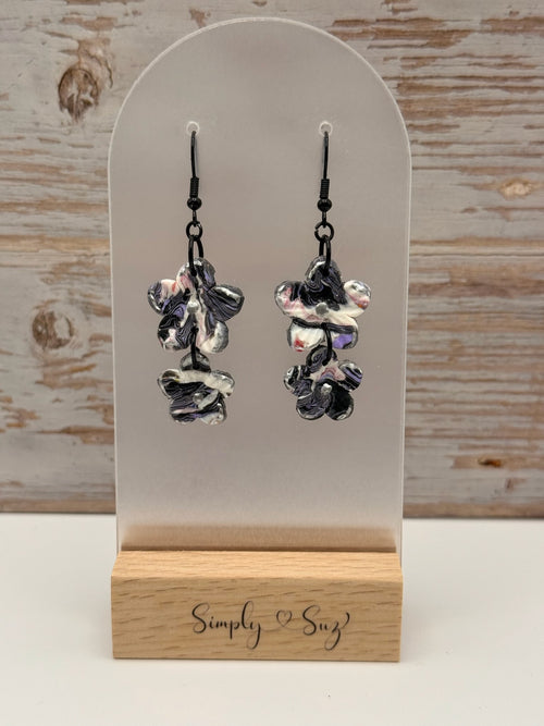 Black & Pink Marble Double Flower Cluster Dangle Earrings