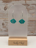 Teal Glitter Fan Dangle Earrings on Silver Hoops