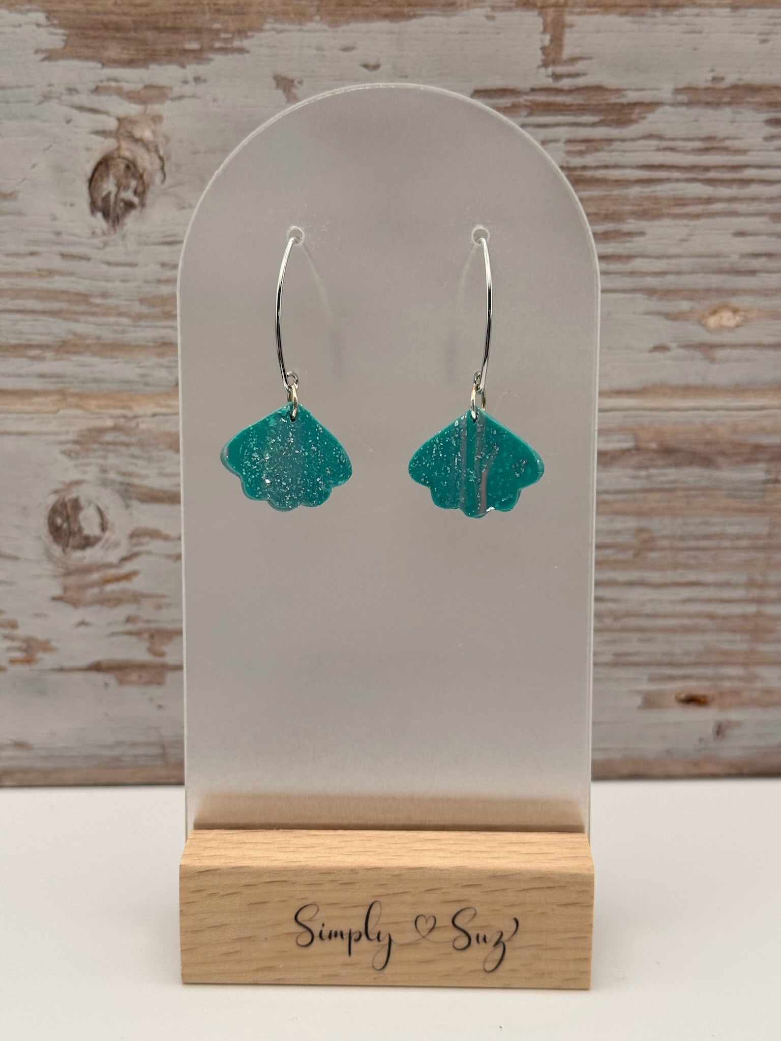 Teal Glitter Fan Dangle Earrings on Silver Hoops