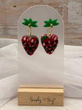 Strawberry Dangle Earrings with Green Leaf Tops