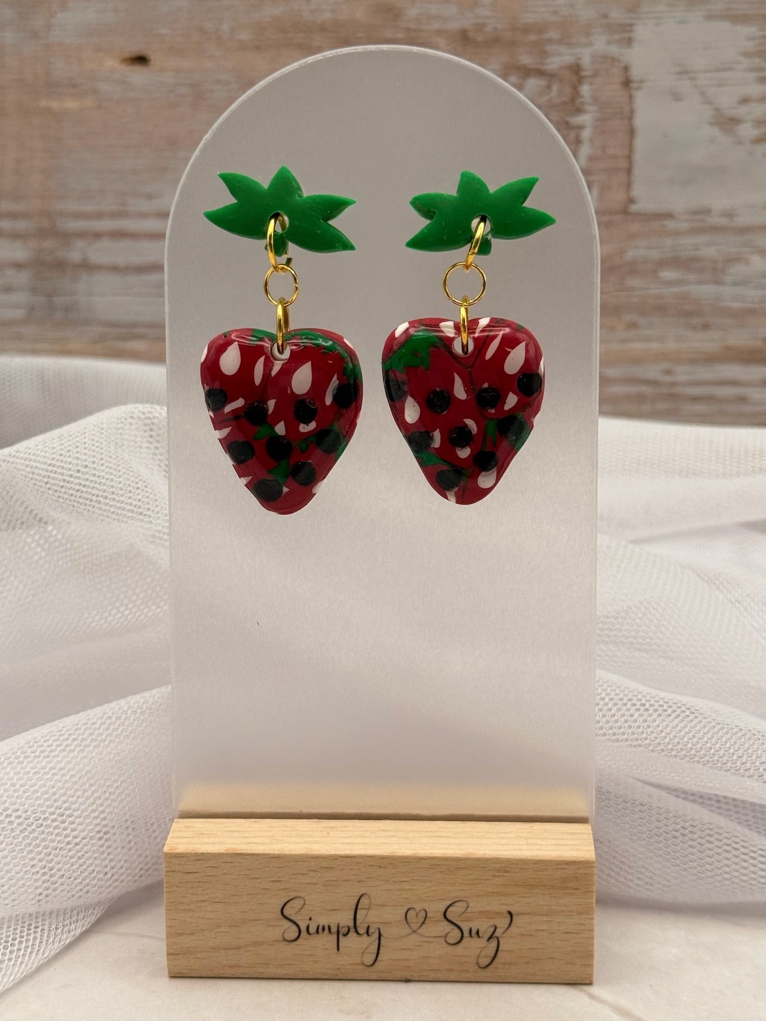 Strawberry Dangle Earrings with Green Leaf Tops
