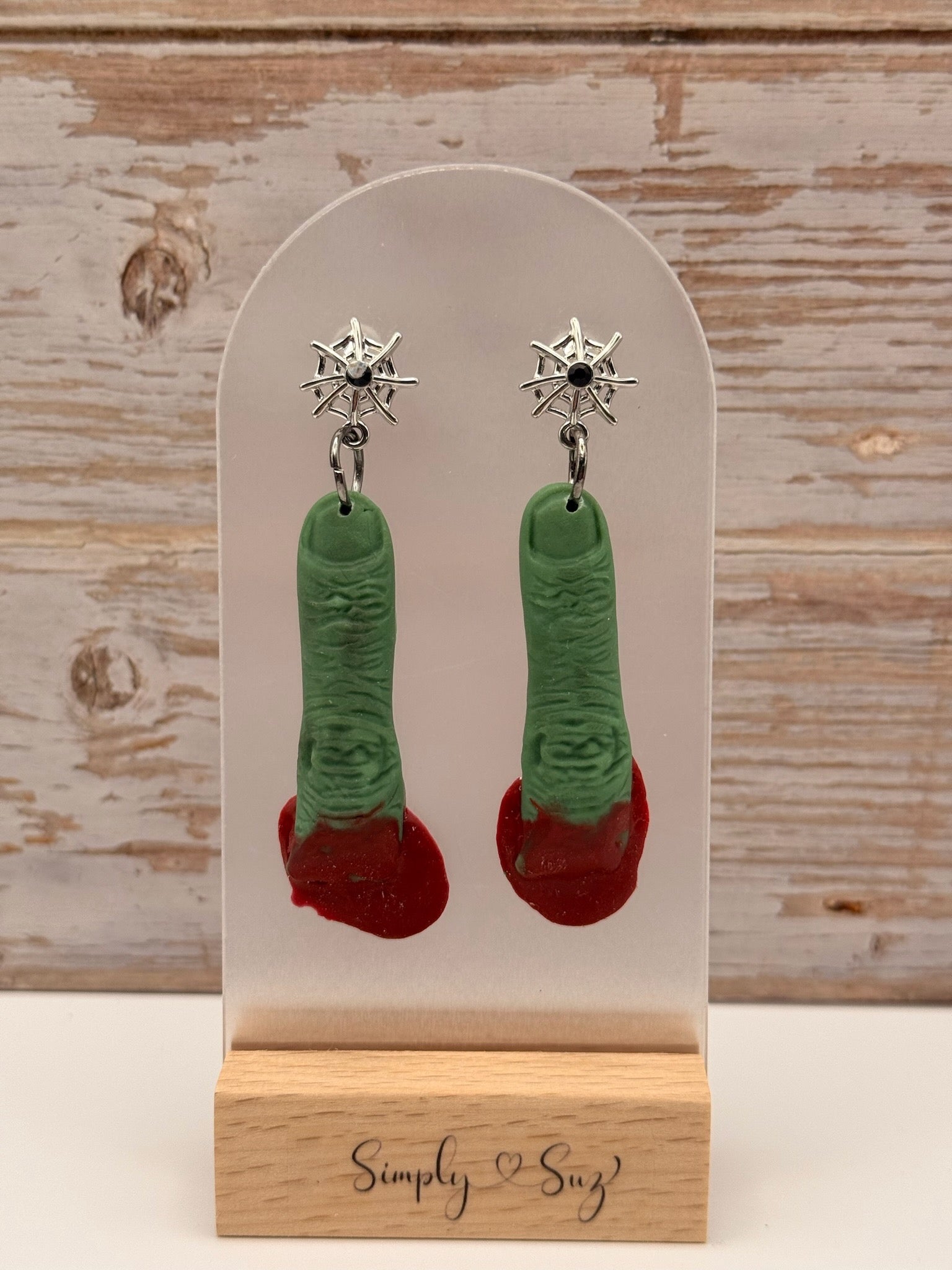 Zombie Finger Dangle Earrings with Spiderweb Studs