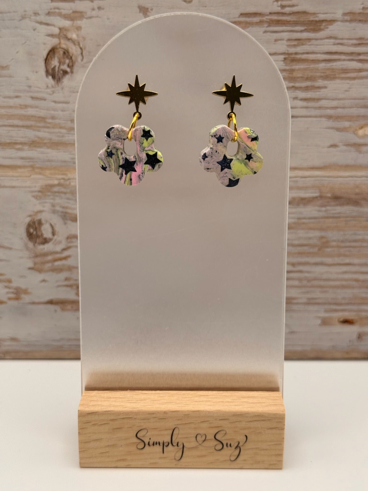 Star Print Flower Dangles with Gold Star Stud Tops