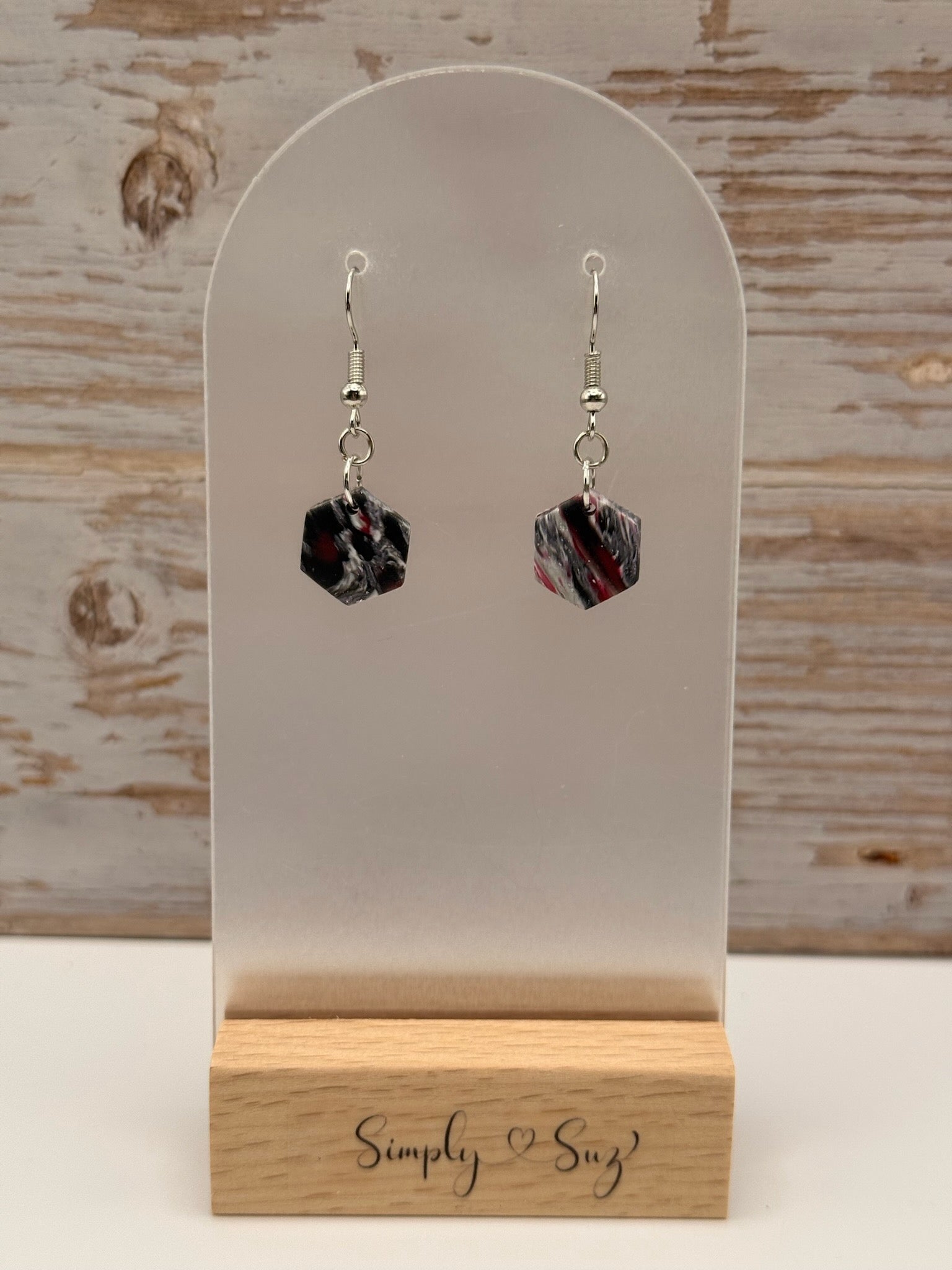 Black & Red Marble Mini Hexagon Dangle Earrings