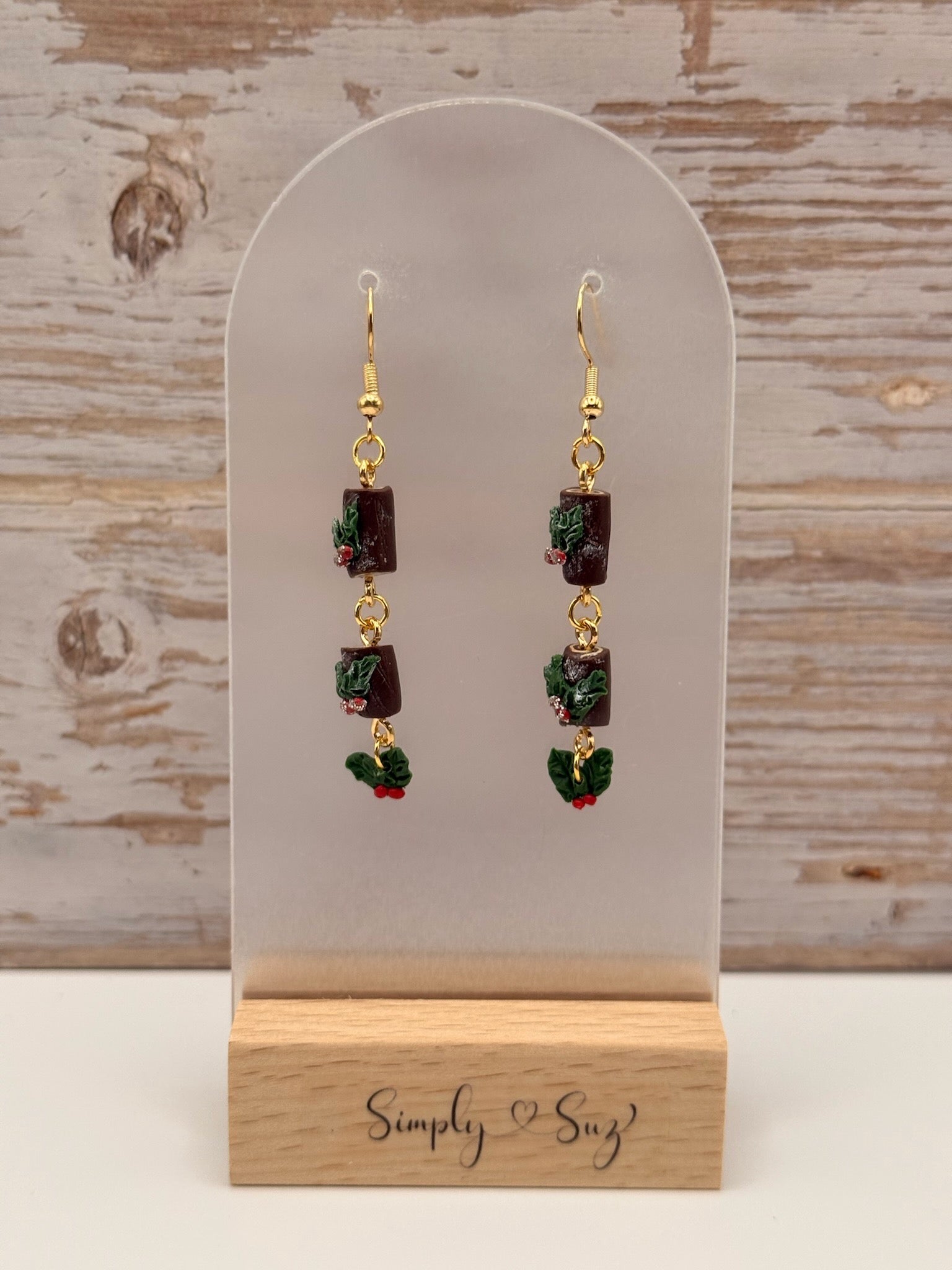 Yule Log & Holly Berry Triple Dangle Earrings