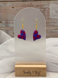 Pink & Purple Checkered Heart Dangle Earrings - Gold Hooks