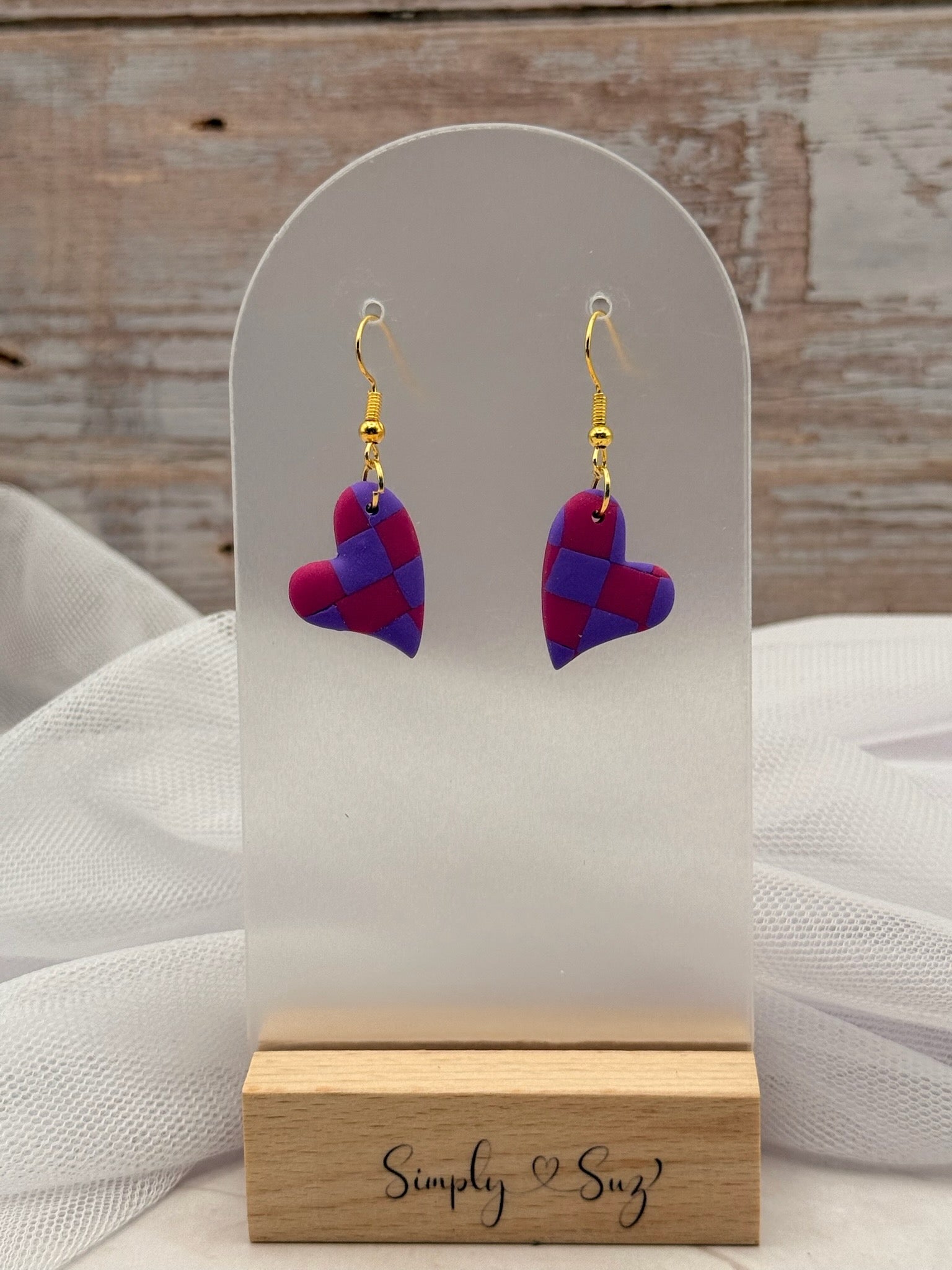 Pink & Purple Checkered Heart Dangle Earrings - Gold Hooks