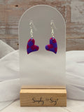 Pink & Purple Checkered Heart Dangle Earrings - Silver Hooks