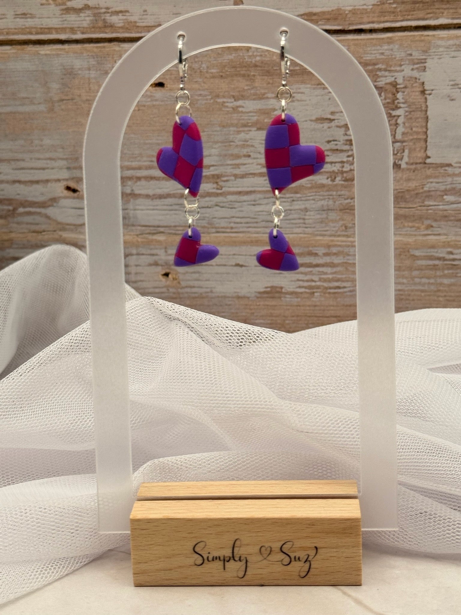 Pink & Purple Checkered Double Heart Dangle Earrings