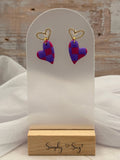 Pink & Purple Checkered Heart Earrings with Gold Heart Studs