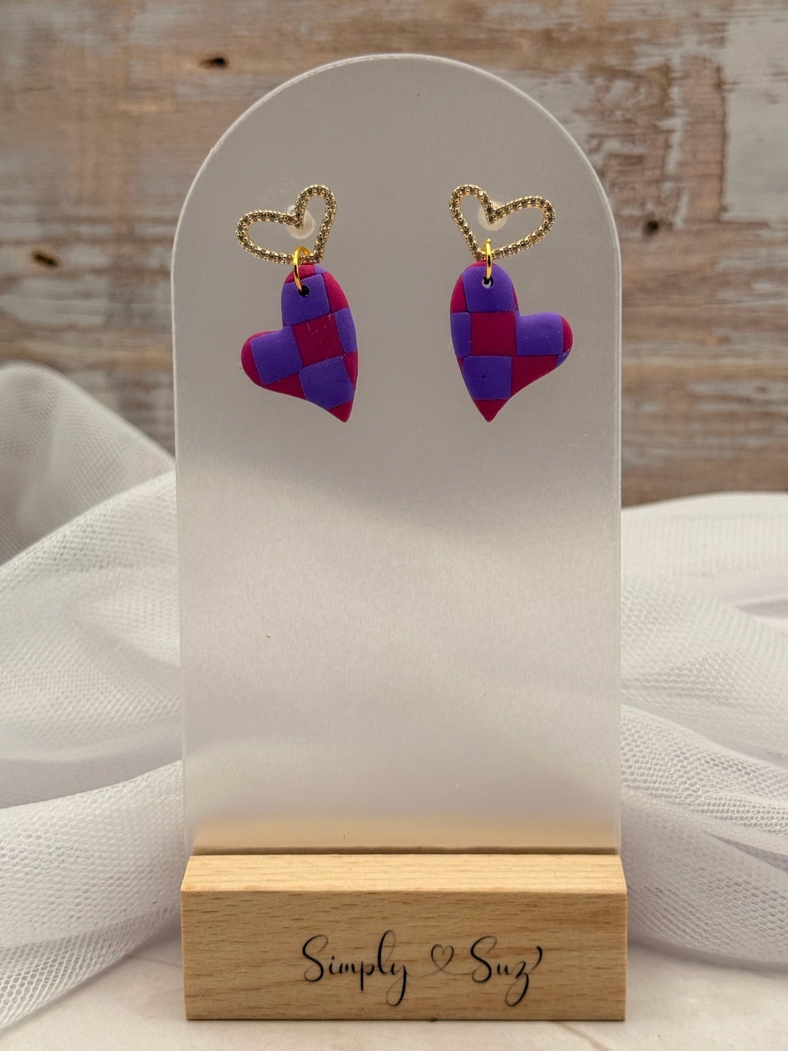 Pink & Purple Checkered Heart Earrings with Gold Heart Studs