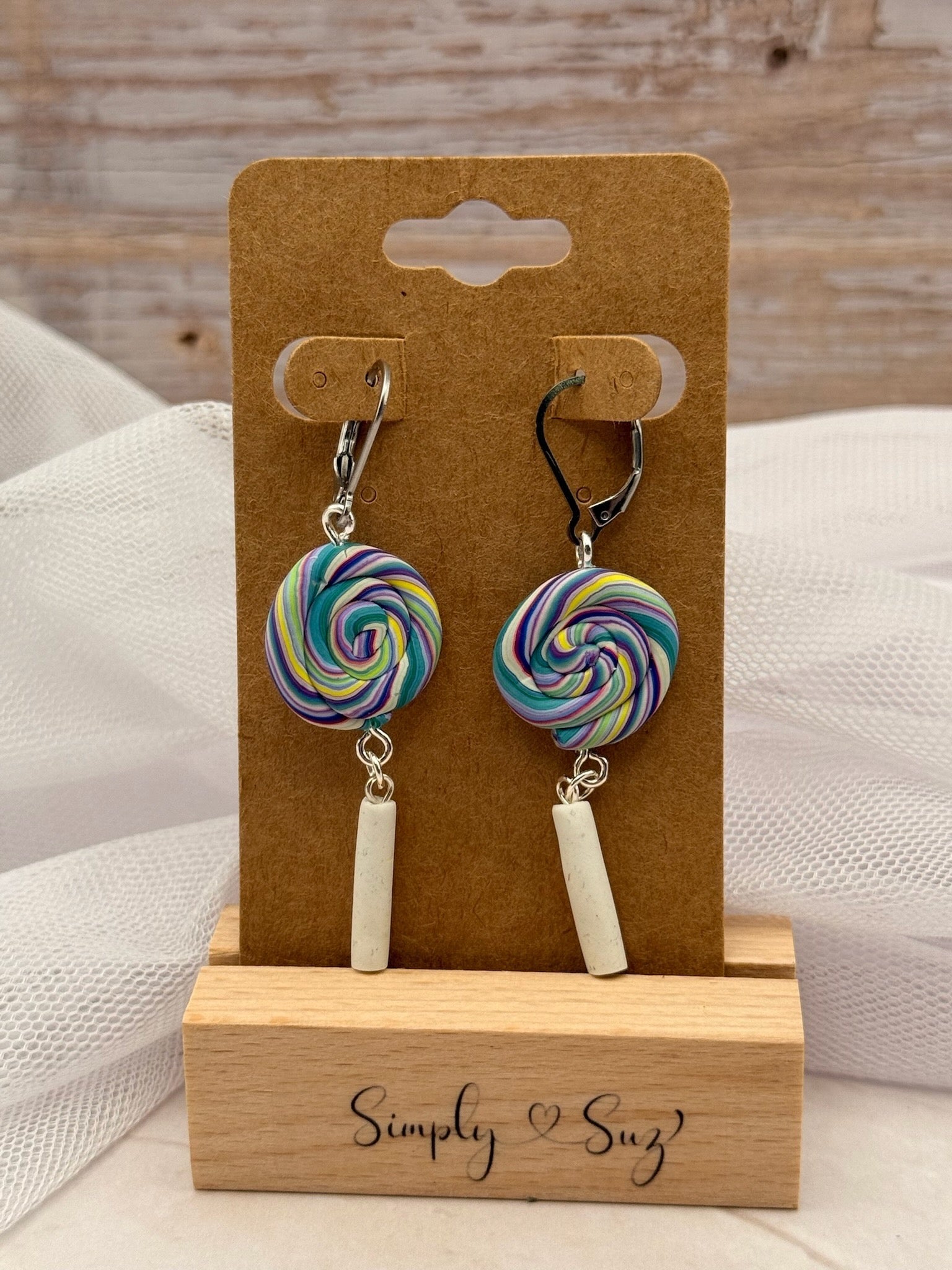 Rainbow Swirl Lollipop Dangle Earrings