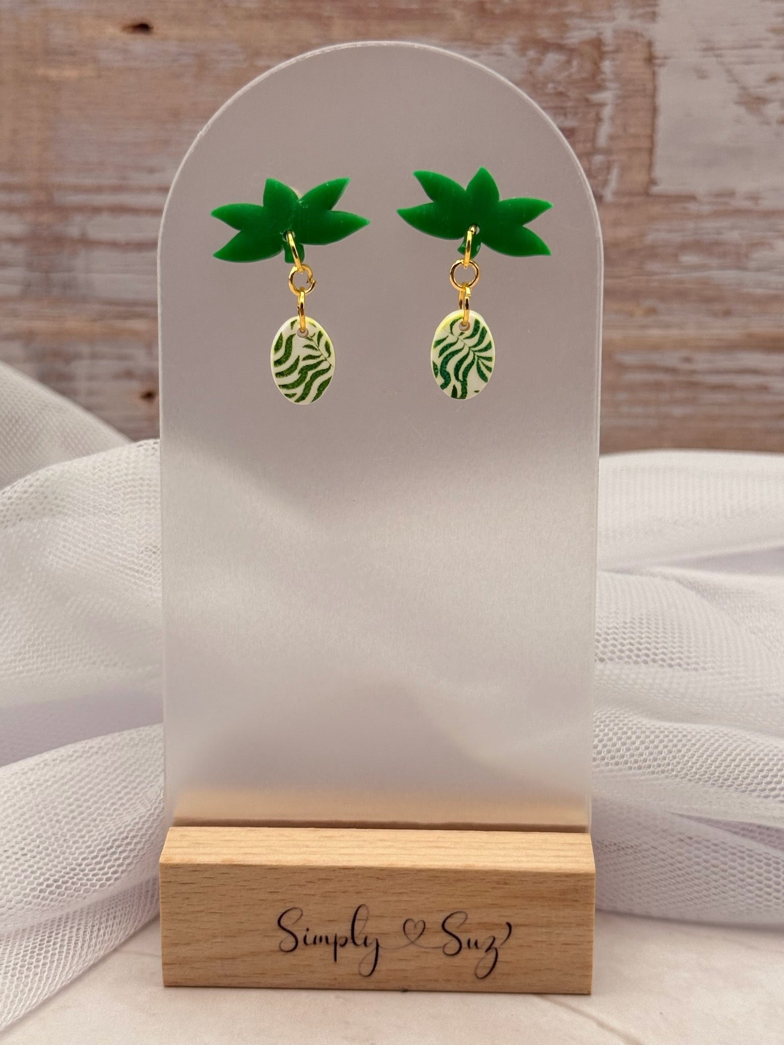 Green Leaf & Patterned Oval Dangle Earrings