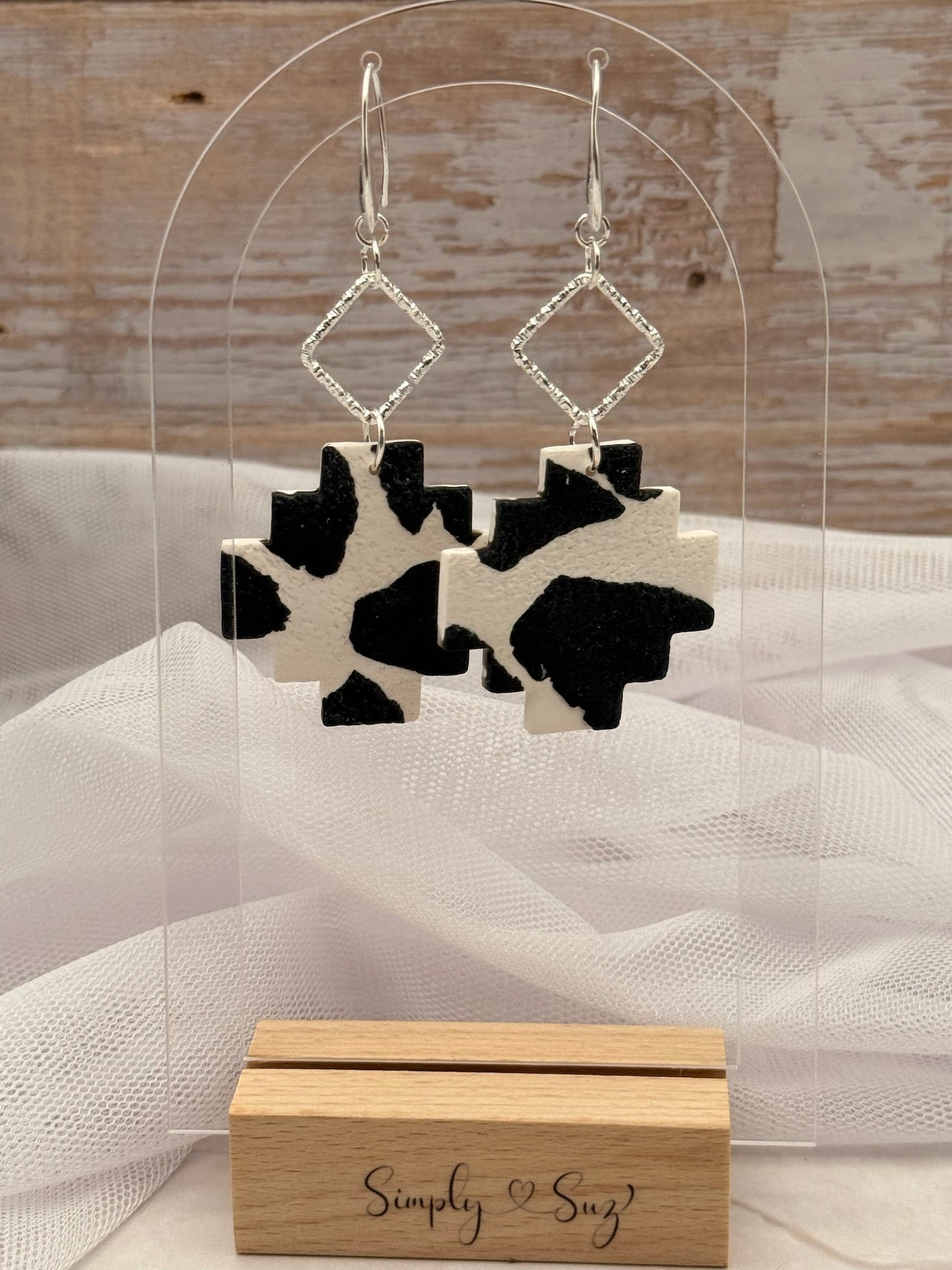 Cow Print Aztec Cross Dangle Earrings