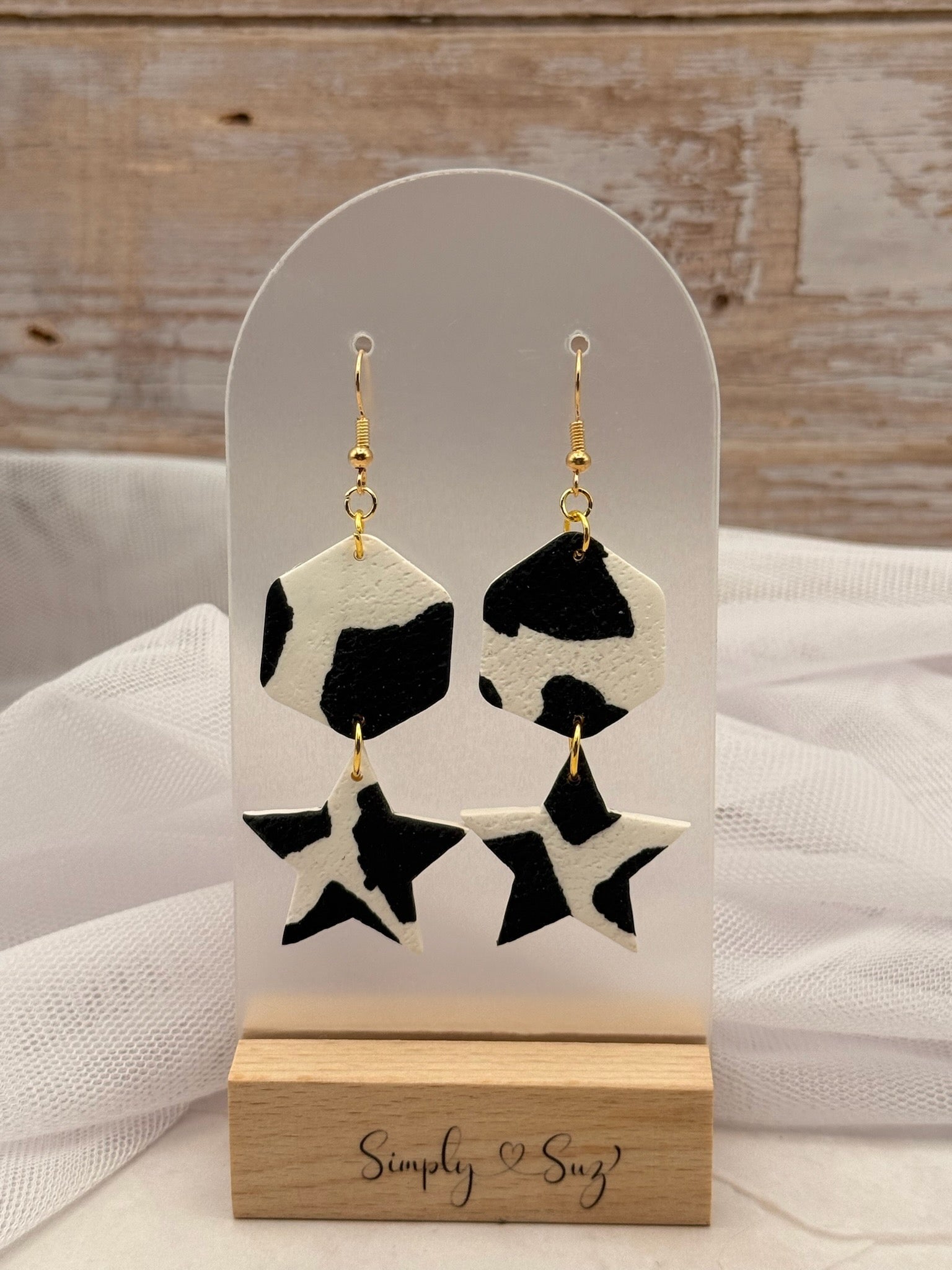 Cow Print Hexagon & Star Double Dangle Earrings