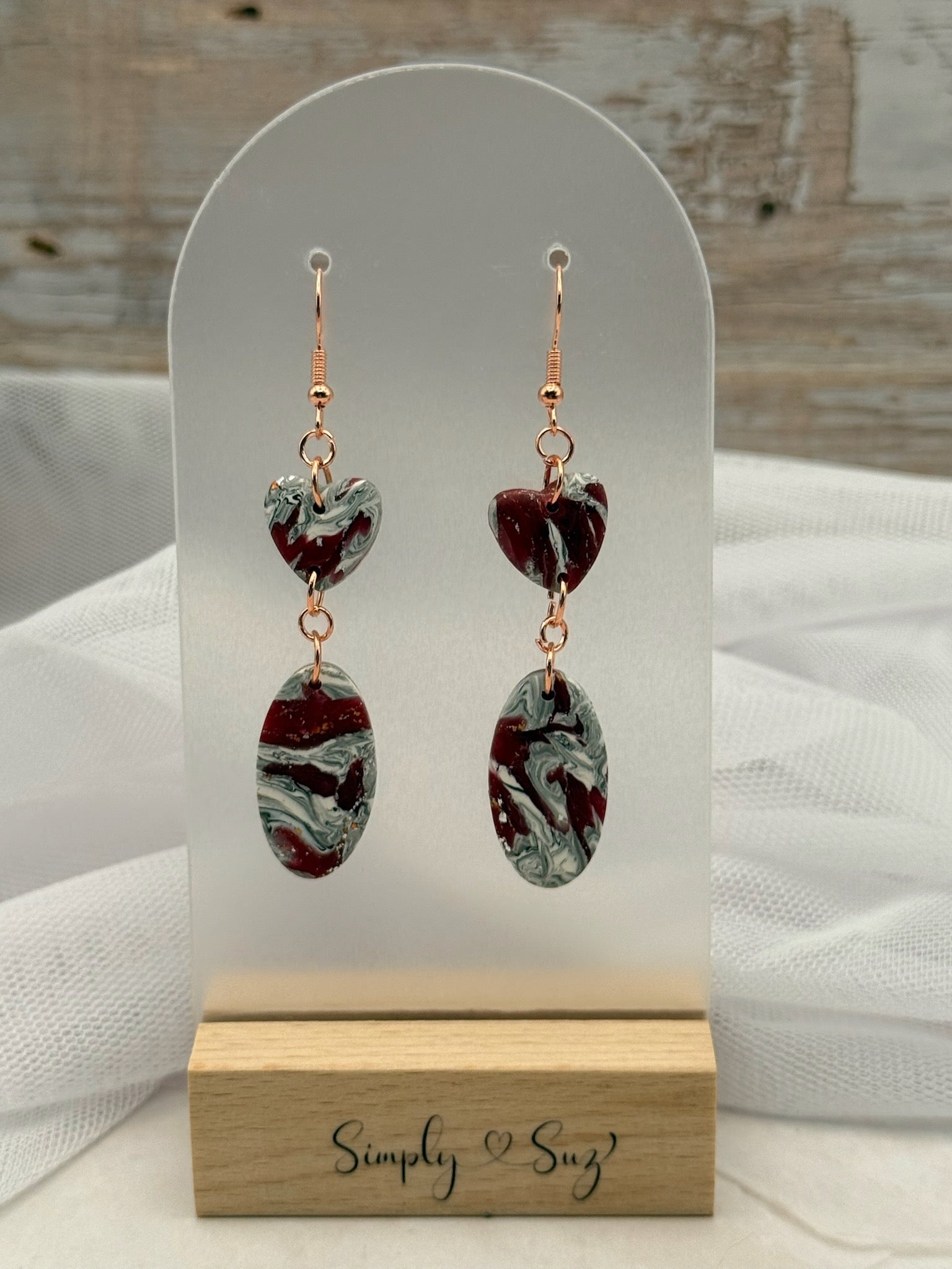 Burgundy Marble Heart & Oval Double Dangle Earrings