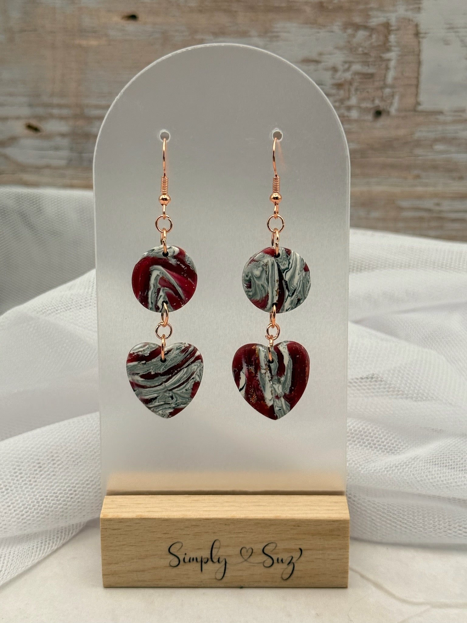 Burgundy Marble Circle & Heart Double Dangle Earrings