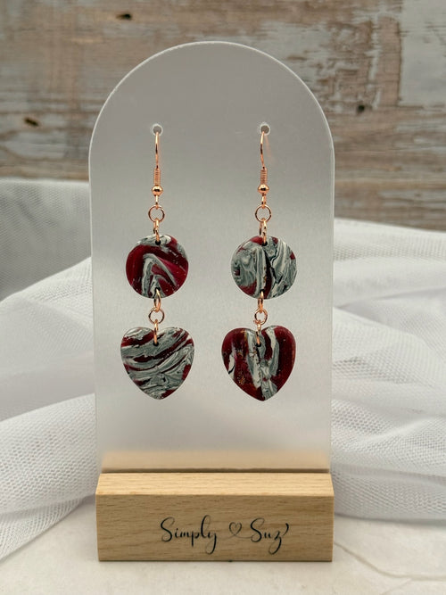 Burgundy Marble Circle & Heart Double Dangle Earrings