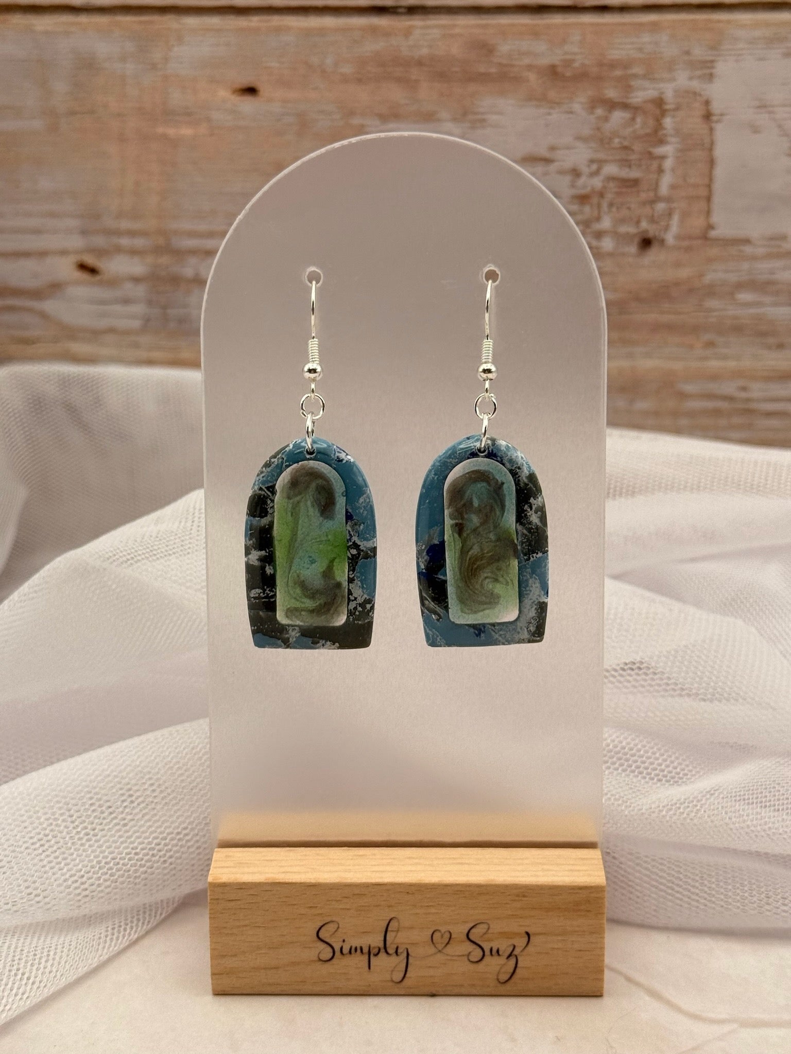Teal & Green Marble Arch Window Dangle Earrings