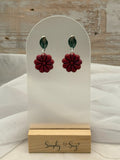 Dark Red Flower Dangles with Green Leaf Stud Tops