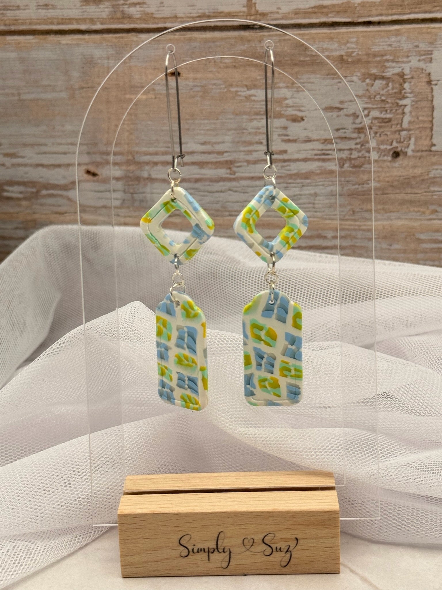 Pastel Mosaic Diamond & Rectangle Double Dangle Earrings