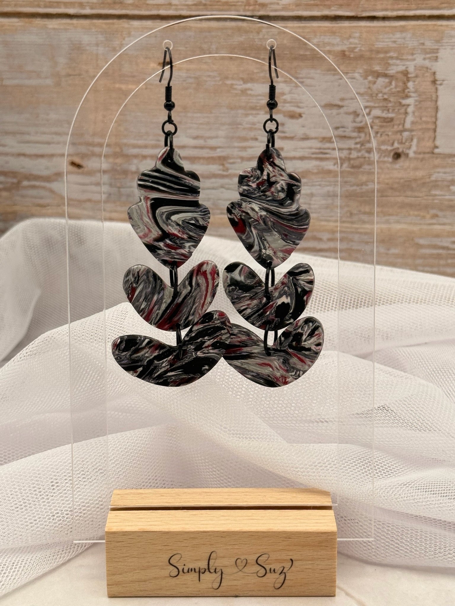 Black & Red Marble Triple Heart Cascading Dangle Earrings