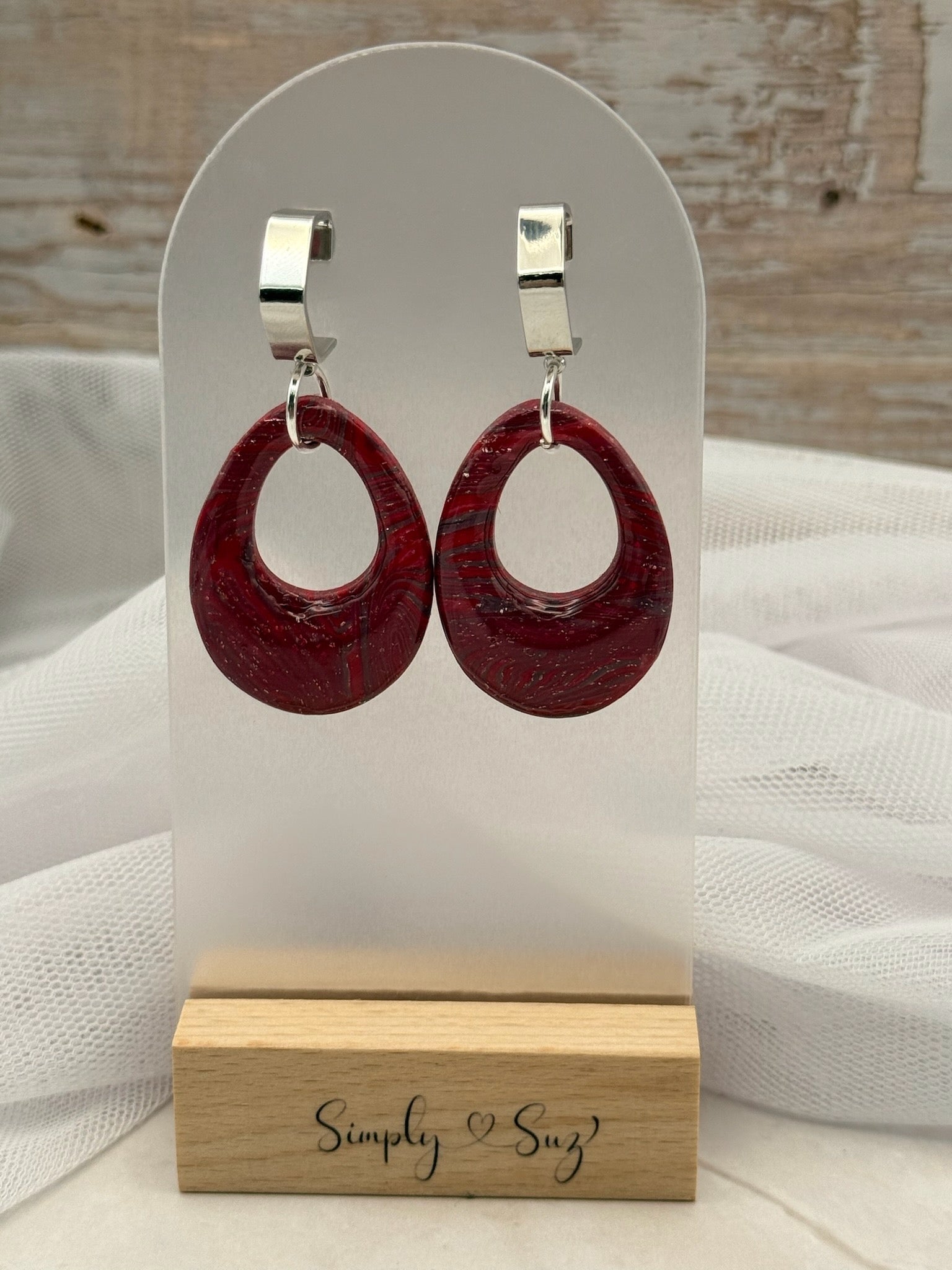 Burgundy Marble Open Teardrop Dangle Earrings