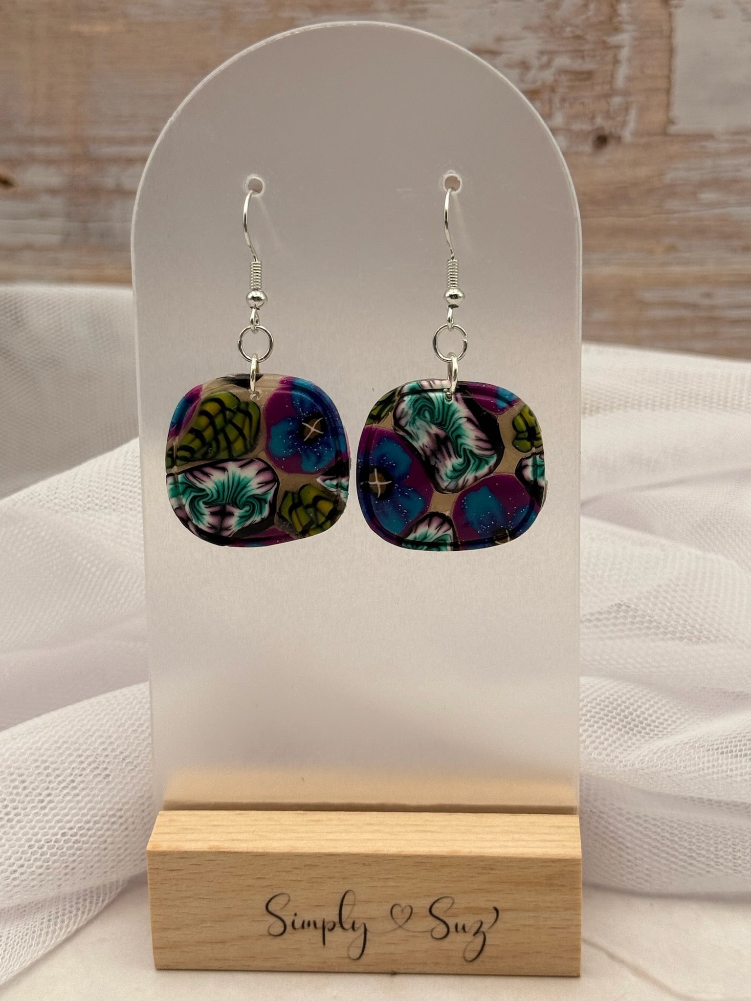 Kaleidoscope Pattern Rounded Square Dangle Earrings