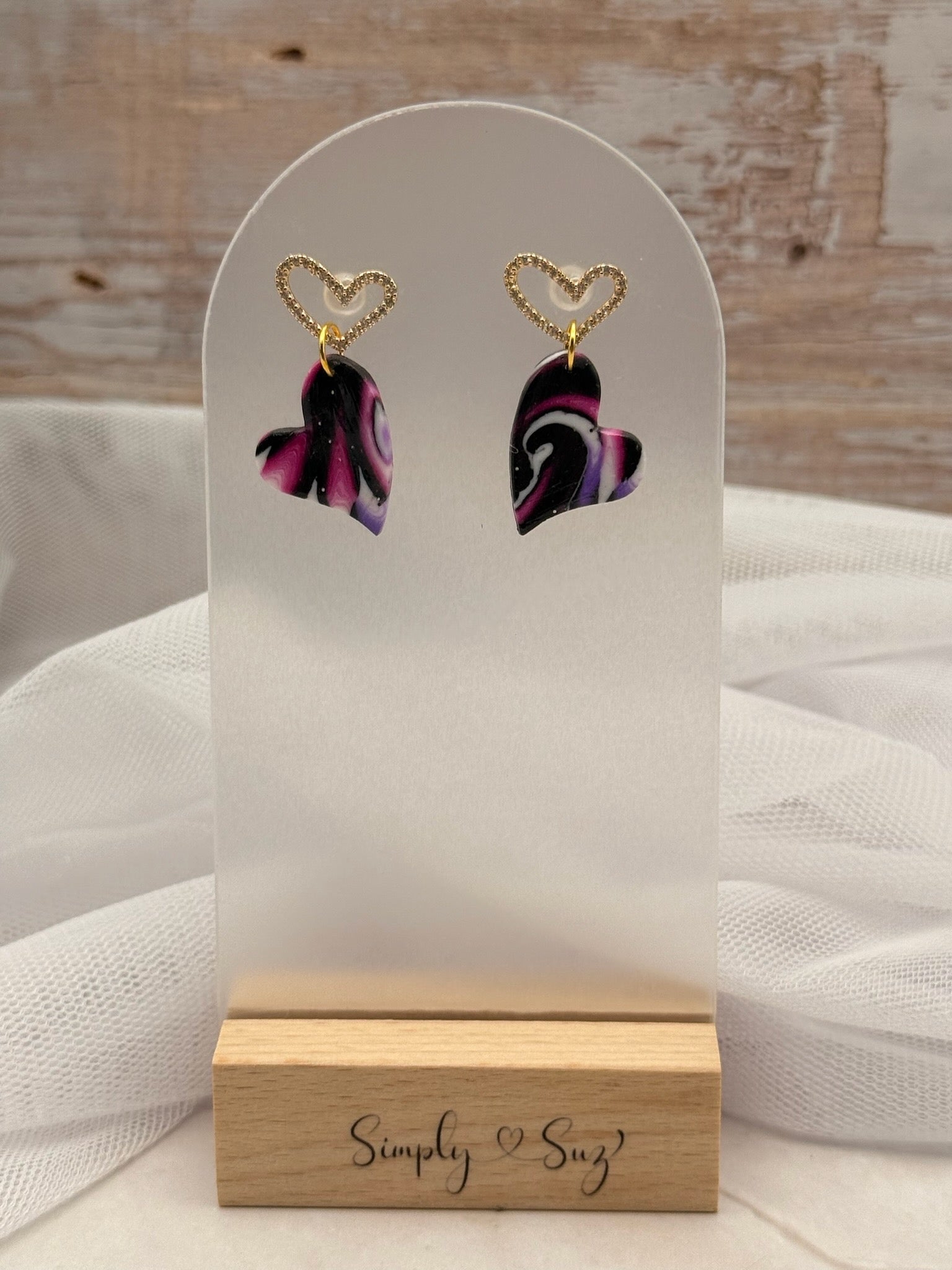Purple Marble Heart Dangles with Rhinestone Heart Studs