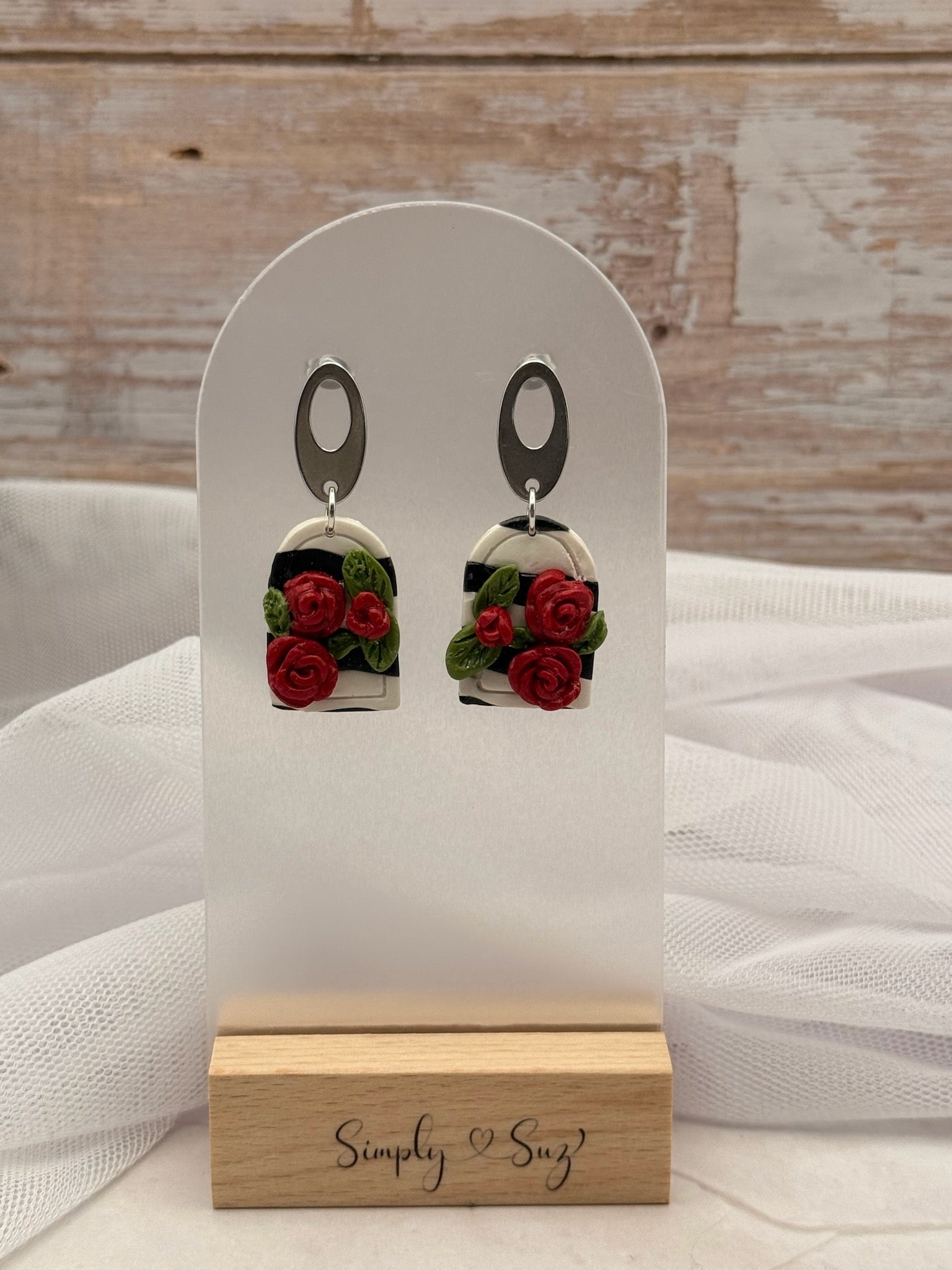 Striped Arch with Red Roses Dangle Earrings