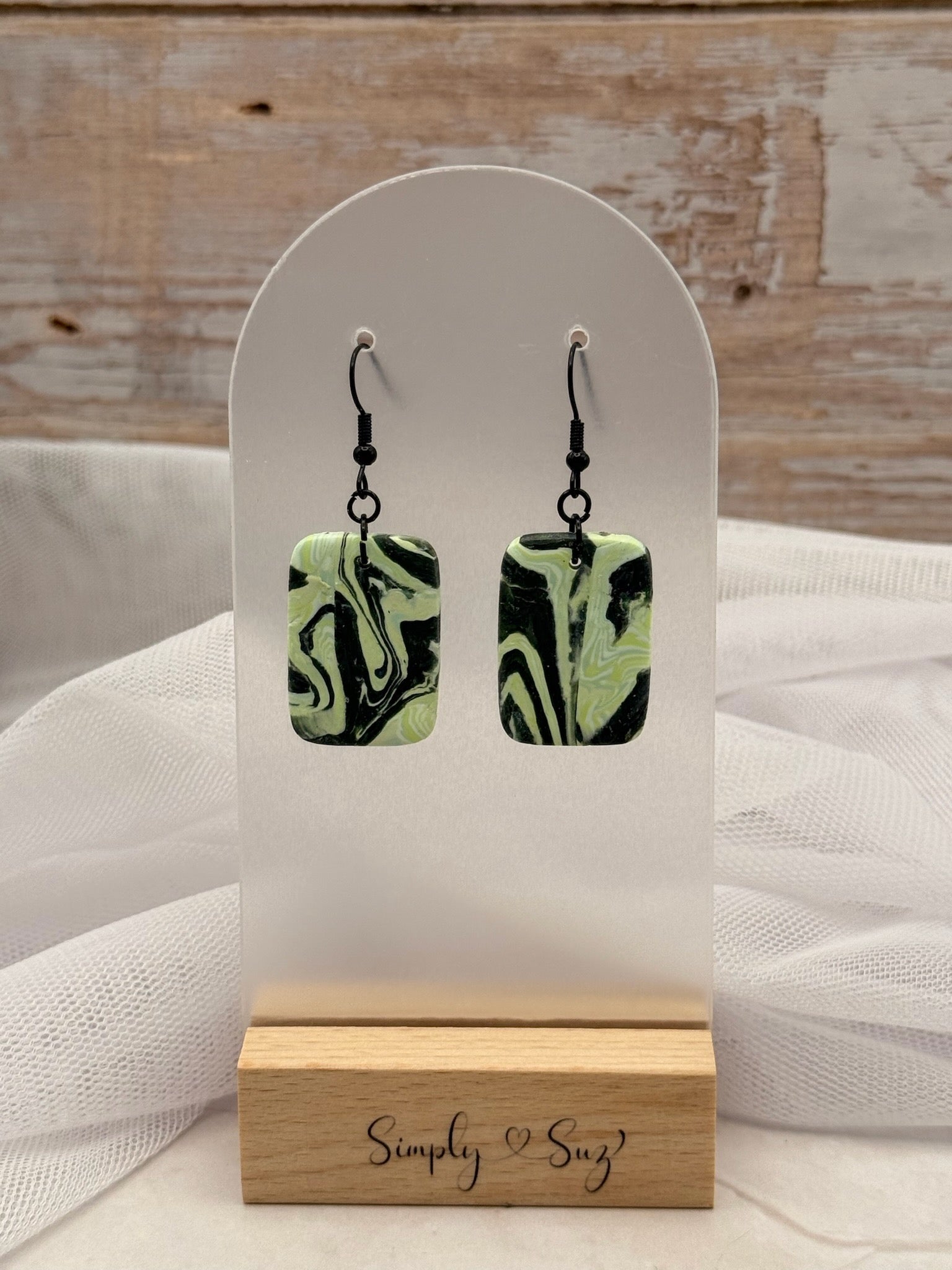 Green & Black Marble Rectangle Dangle Earrings