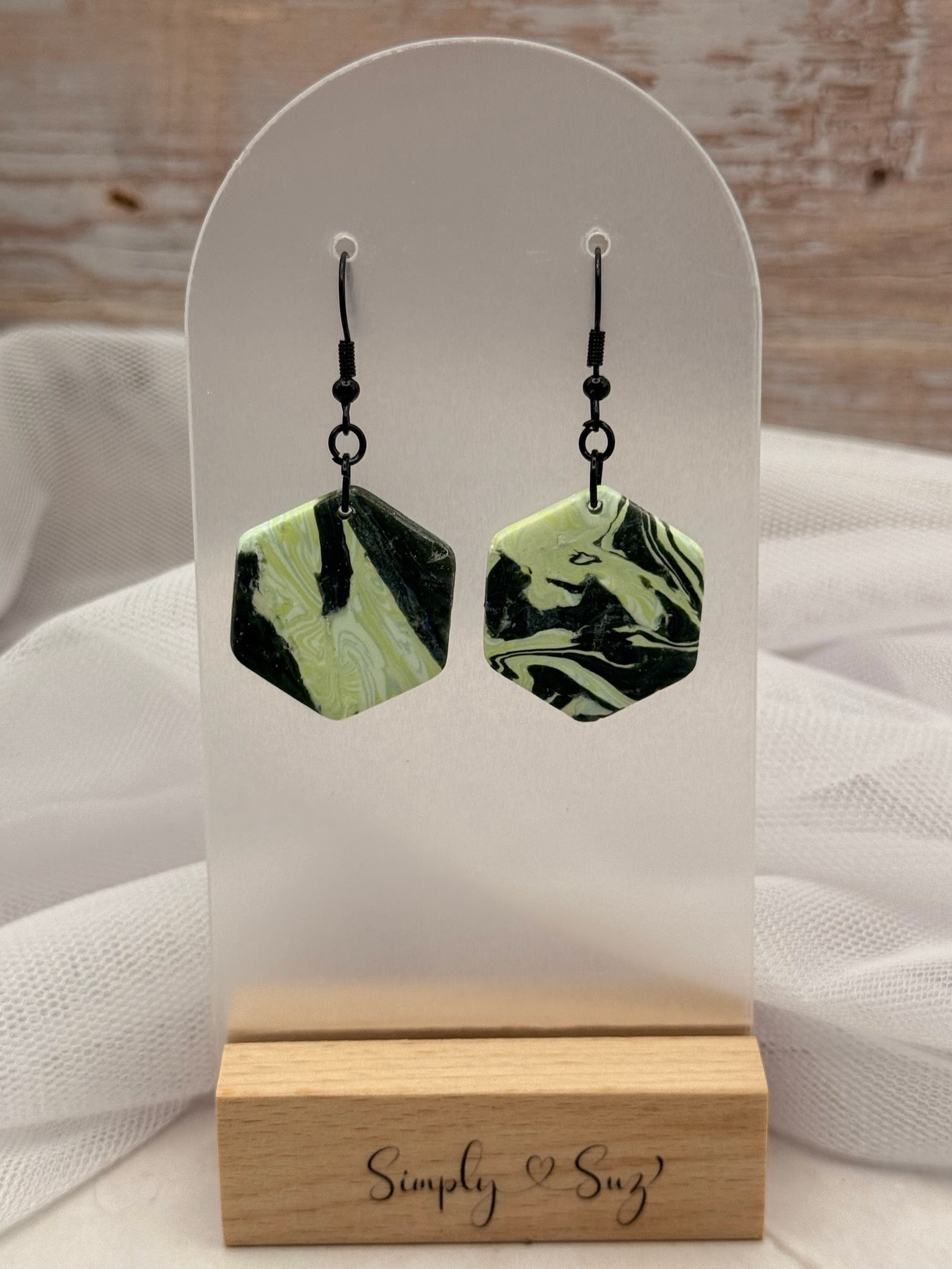 Green & Black Marble Hexagon Dangle Earrings
